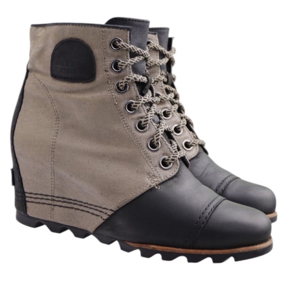 Sorel PDX Wedge Boots  Black Leather Gray Canvas Women's Size US 8.5 - Picture 1 of 9
